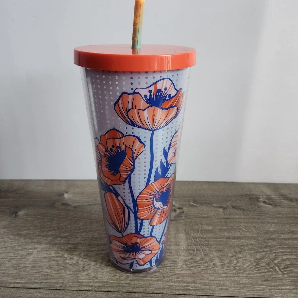 2017 Starbucks Poppy Floral Cold Cup Tumbler Venti 24oz w/ Lid & Straw READ